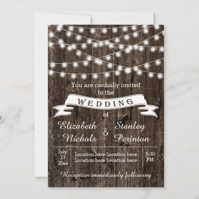 Invitation Chaîne de lumières, bois et bannière mariage rusti (Devant)
