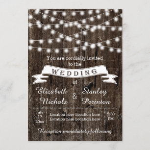 Invitation Chaîne de lumières, bois et bannière mariage rusti