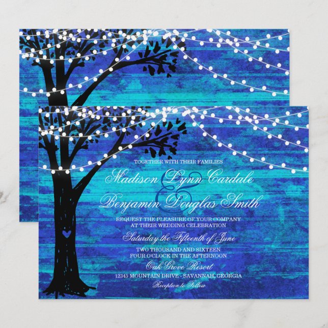 Invitation Chaîne de lumières Oak Tree Blue Wedding Invite (Devant / Derrière)
