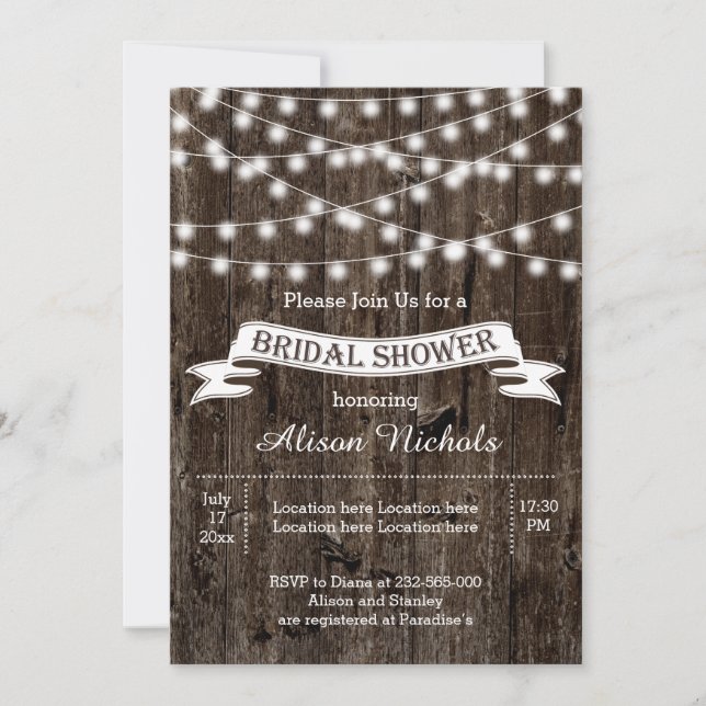 Invitation Chaîne de lumières sur vieux bois mariage douche n (Devant)