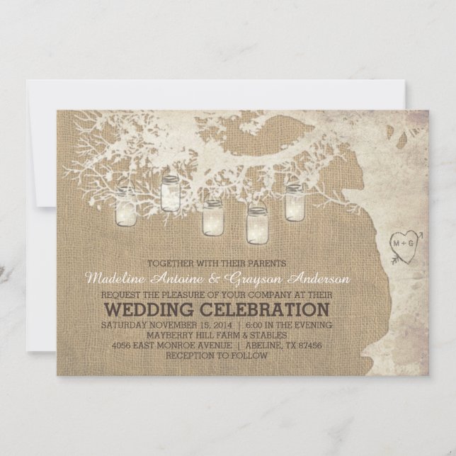 Invitation Chaîne de Mariages de Burlap rustique de Mason Jar (Devant)