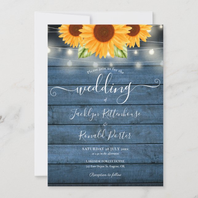 Invitation Chaîne de tournesol Lumières Bleu Rustique Mariage (Devant)