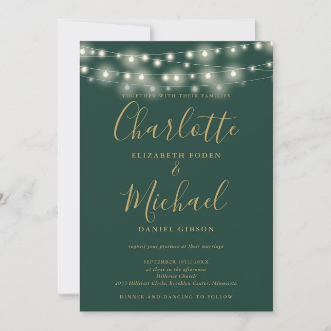 Invitation Chaîne Éclairage Vert Et Or Tout En Un Mariage (Devant)