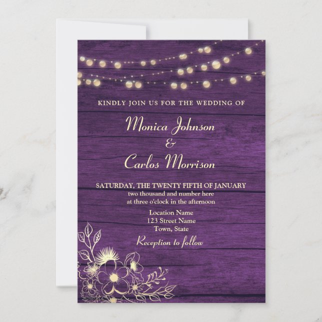 Invitation Chaîne éclaire le Mariage violet en bois rustique (Devant)