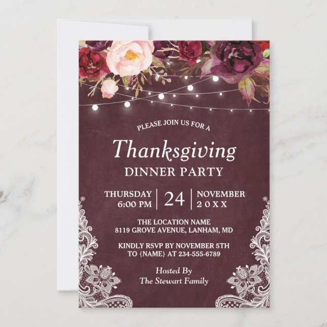 Invitation Chaîne Florale Bourgogne illuminant Thanksgiving D (Devant)