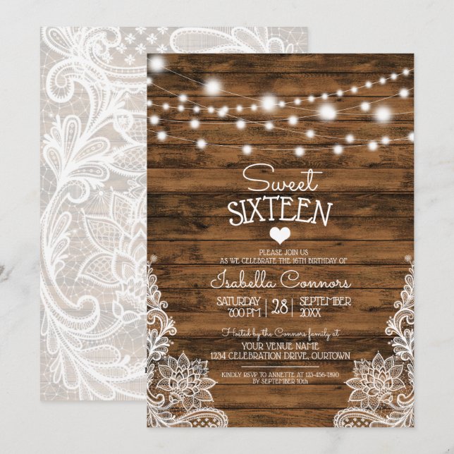Invitation Chaîne Lumière Bois et dentelle Sweet 16 Partie (Devant / Derrière)