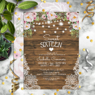 Invitation Chaîne Lumière Bois Floral et dentelle Sweet 16 Pa