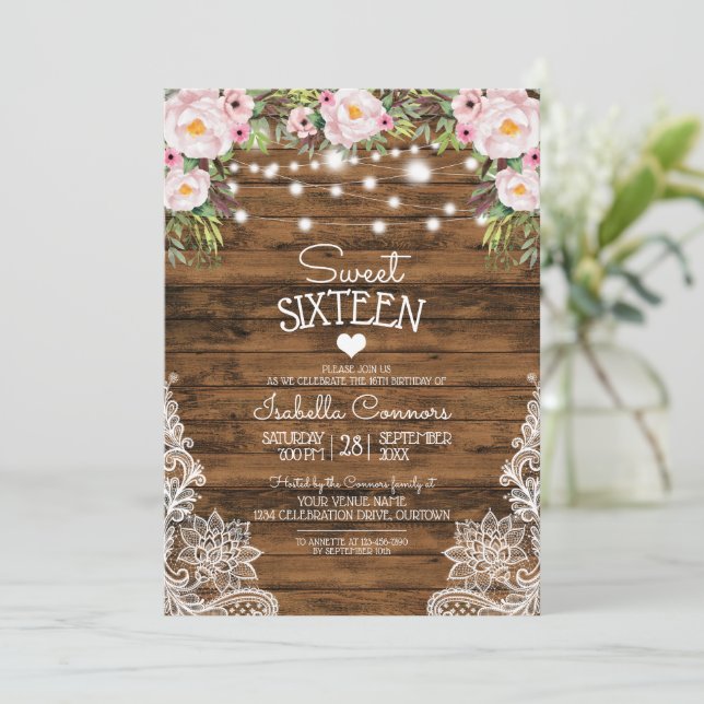 Invitation Chaîne Lumière Bois Floral et dentelle Sweet 16 Pa (Debout devant)
