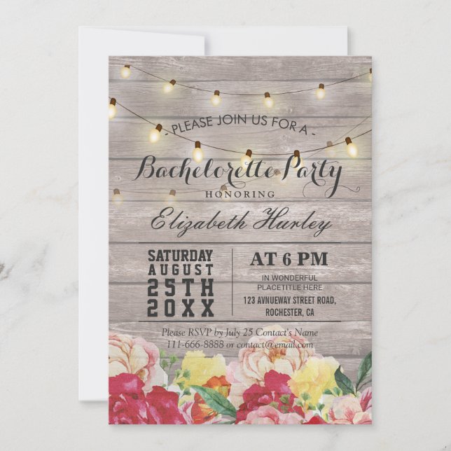 Invitation Chaîne Lumière Bois Rustique Floral Bachelorette P (Devant)