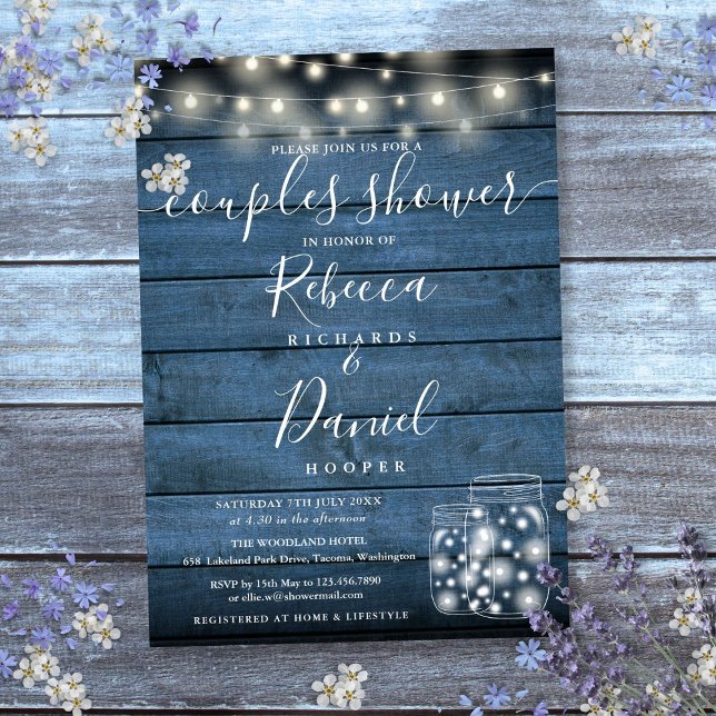Invitation Chaîne Lumières Bleu Jars Script Couples Douche (String Lights Blue Jars Script Couples Shower Invitation)
