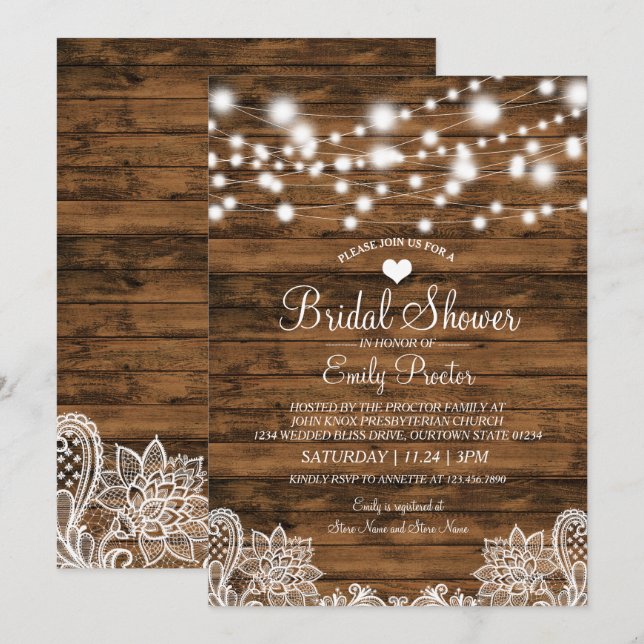 Invitation Chaîne Lumières Bois et dentelle Douche nuptiale I (Devant / Derrière)