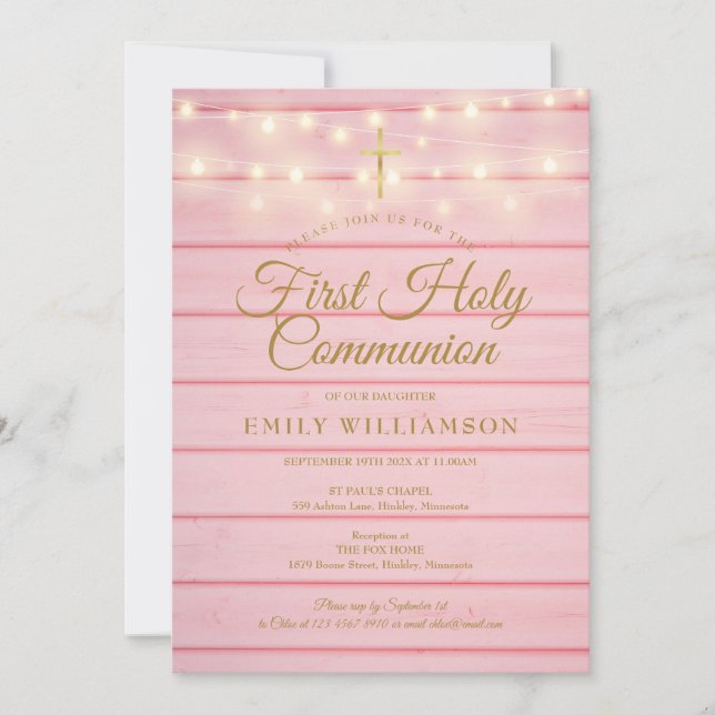 Invitation Chaîne Lumières Bois rose Première Communion saint (Devant)