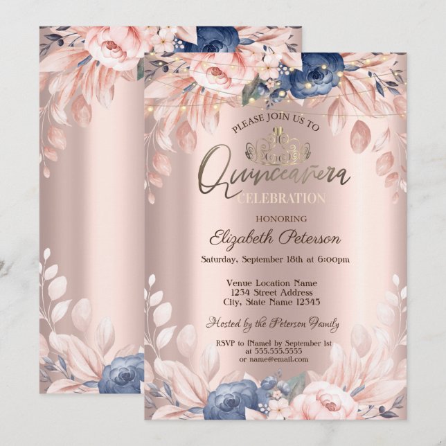 Invitation Chaîne Lumières Fleurs Bleues Rose Or Quinceañera (Devant / Derrière)