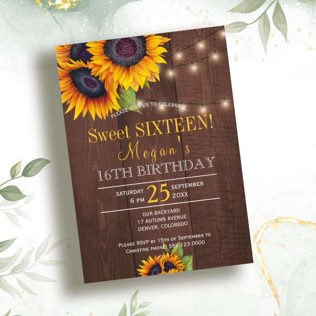 Invitation Chaîne lumières tournesol chic sweet sixteen rusti (Créateur téléchargé)