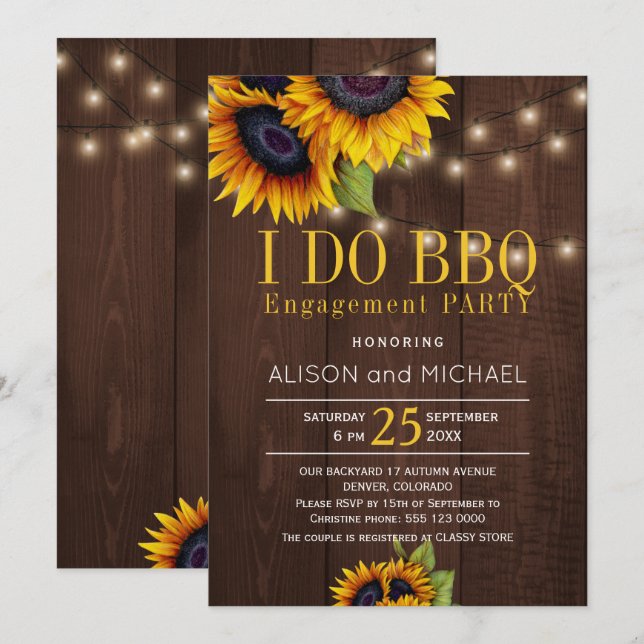 Invitation Chaîne lumières tournesol fiançailles i do bbq (Devant / Derrière)