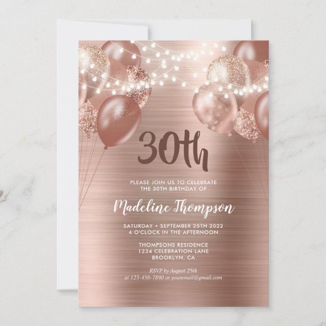 Invitation Chaîne or Rose brossé Ballons lumineux Anniversair (Devant)