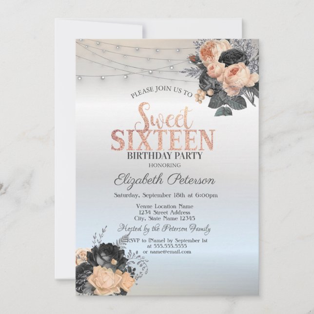 Invitation Chaîne Rose orange Lumières Silver Sweet 16 (Devant)