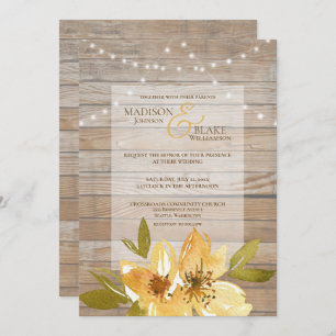 Invitation Chaîne Rustique Bois Lumières Mariage Floral Jaune