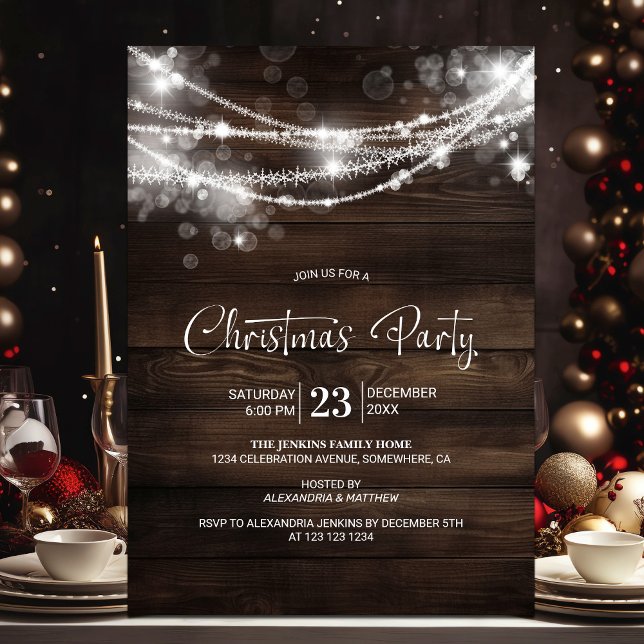 Invitation Chaîne rustique éclaire la fête de Noël en bois (Créateur téléchargé)