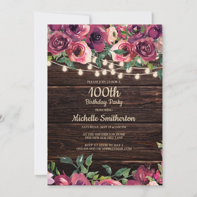 Invitation Chaîne rustique éclaire violet floral 100e anniver (Devant)