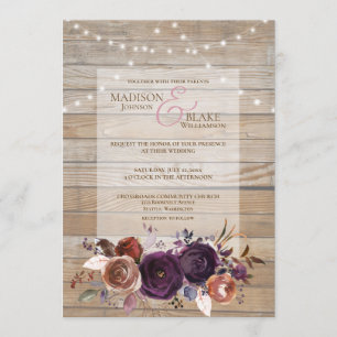Invitation Chaîne Rustique Lumière Violet Mariage Floral Bois