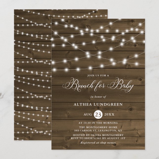 Invitation Chaîne rustique Lumières Baby shower bois Brunch (Devant / Derrière)