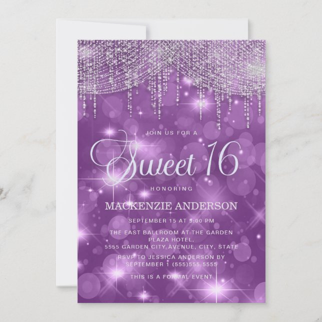 Invitation Chaîne violette éclat Bokeh Glam Sweet 16 (Devant)