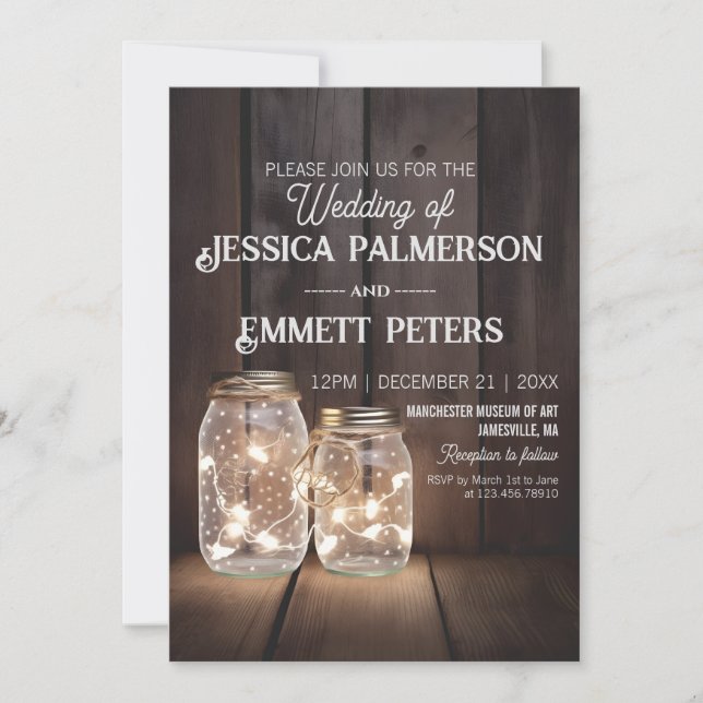 Invitation Chaînes lumineuses en bois rustique Mariage Mason  (Devant)
