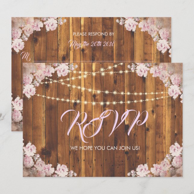 Invitation Chaînes lumineuses florales rustiques Bois RSVP Ca (Devant / Derrière)