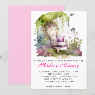 Invitation Chaise de jardin florale violette chic pour Baby S