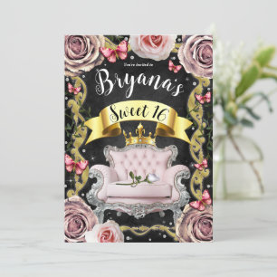 Invitation Chaise Princesse Rose Roses & papillons Sweet 16
