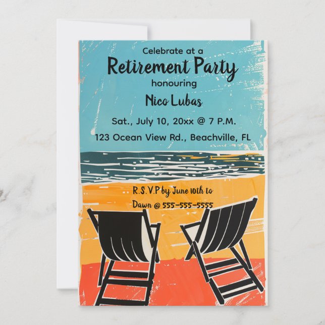 Invitation Chaises modifiables à une fête de retraite de plag (Devant)