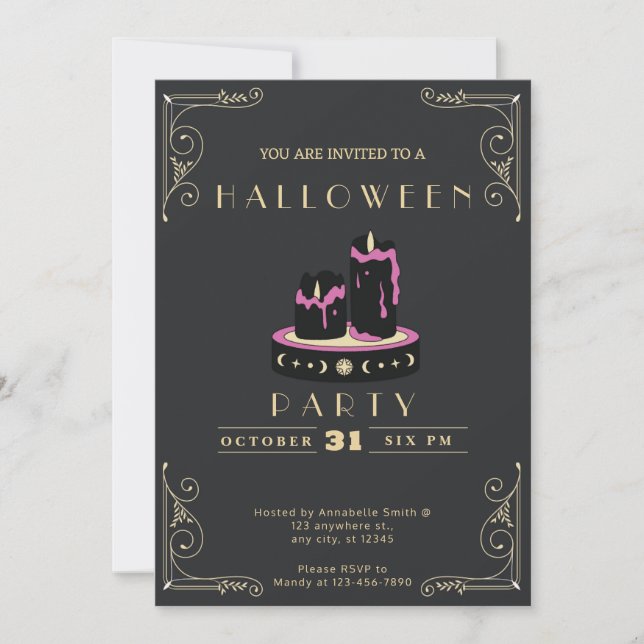 Invitation Chalboard Black & Gold Black Chandelles Halloween (Devant)