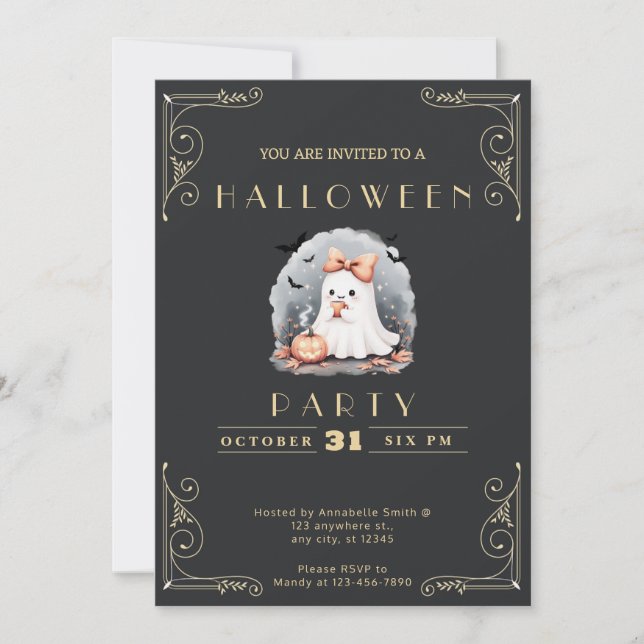 Invitation Chalboard Black & Gold Ghost Bow Bats Halloween (Devant)