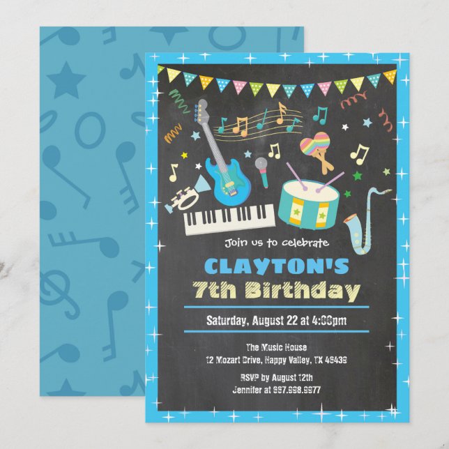 Invitation Chalboard boy d'invitation à l'anniversaire de mus (Devant / Derrière)