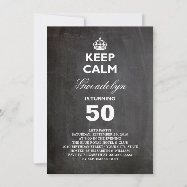 Invitation Chalboard Gardez le calme Funny 50e anniversaire I (Devant)