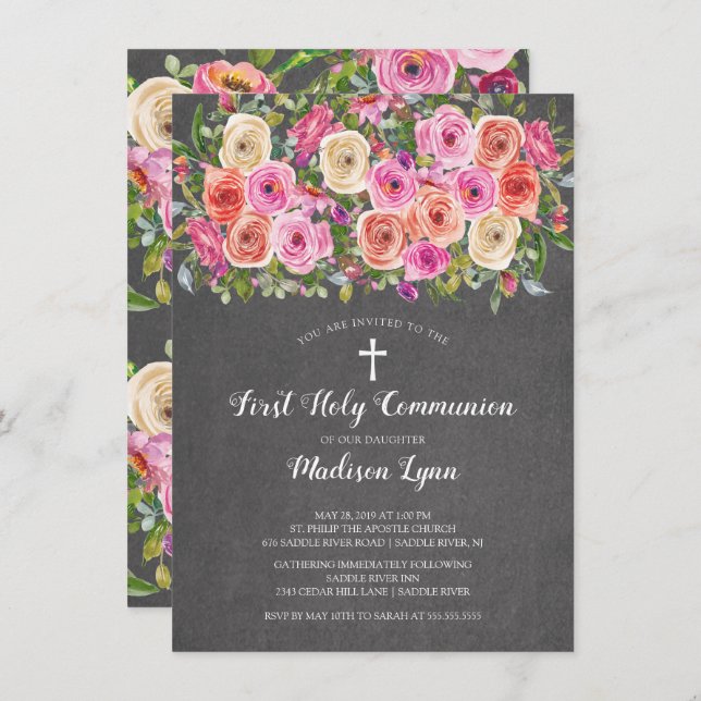 Invitation Chalboard moderne Pink Floral Première communion s (Devant / Derrière)