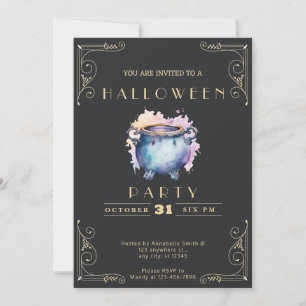 Invitation Chalboard noir et or bleu Cauldron Halloween