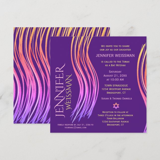 Invitation Châle de prière bat mitzvah pourpre et rose (Devant / Derrière)