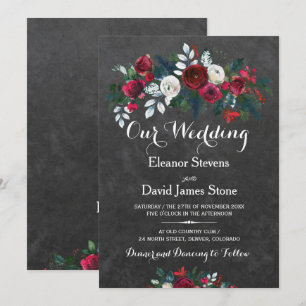 Invitation Chalet d'hiver rustique mariage floral bordeaux