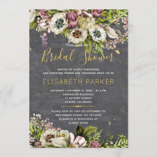 Invitation Chalet gris floral rustique chute douche nuptiale