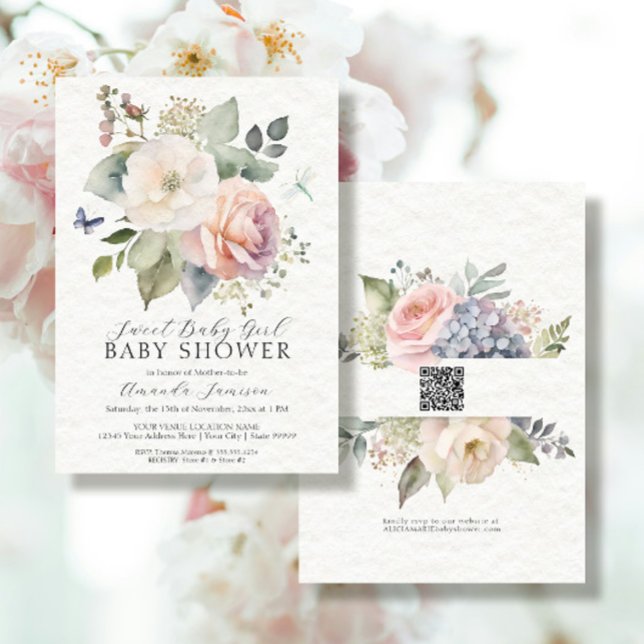 Invitation Chalet Rose Floral Bouquet Jardin QR Baby Girl (Créateur téléchargé)