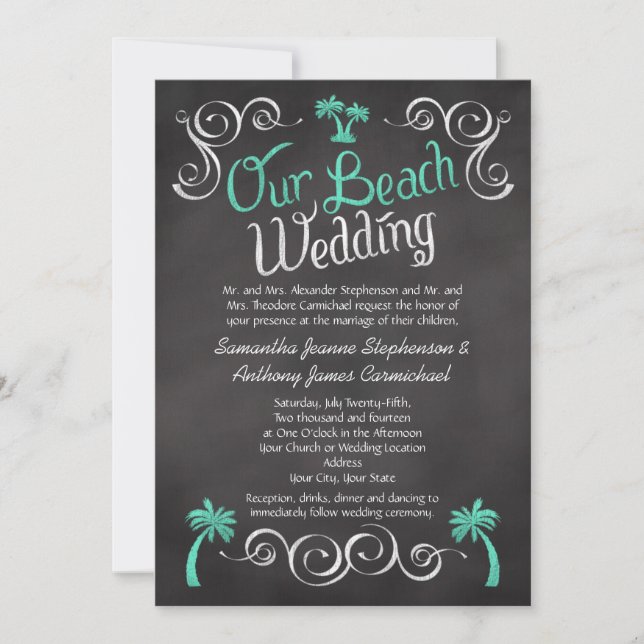 Invitation Chalet Turquoise Palm Tree Beach Mariage (Devant)