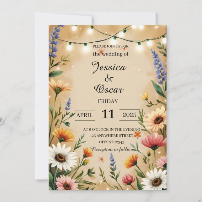 Invitation Chaleureux Mariage Fleur sauvage de style campagna (Devant)