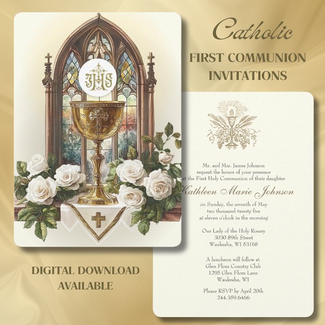 Invitation Chalice d'autel de première communion hôte Roses b (Créateur téléchargé)