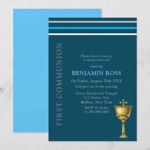 Invitation Chalice d'or blanc gris bleu Première communion