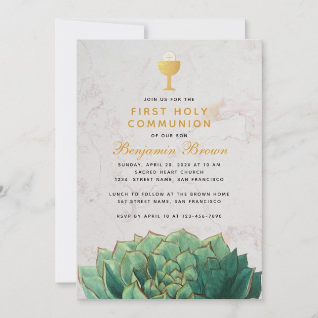 Invitation Chalice d'or Succulent de première communion (Devant)