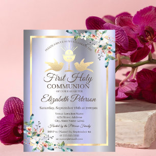 Invitation Chalice Or Fleurs Métalliques Violettes