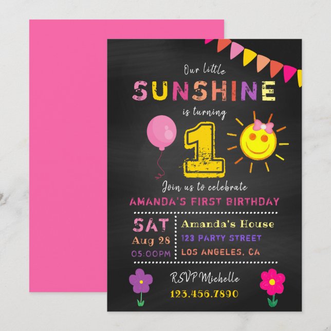 Invitation Chalkboard 1er anniversaire Little Sunshine Girl P (Devant / Derrière)