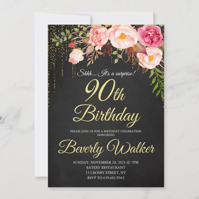 Invitation Chalkboard 90e anniversaire des femmes florales su (Devant)